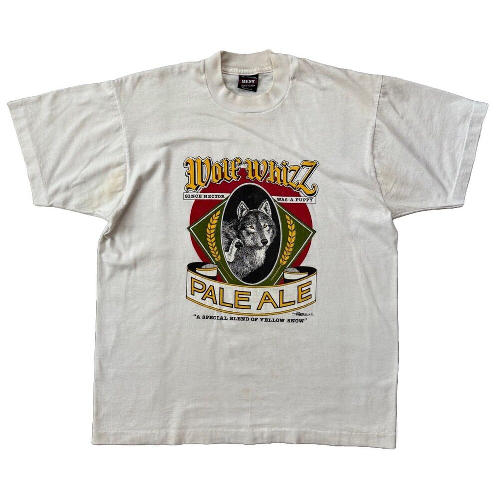Vintage 80s Wolf Whizz Pale Ale Beer T Shirt Size L Graphic Tee Single Stitch